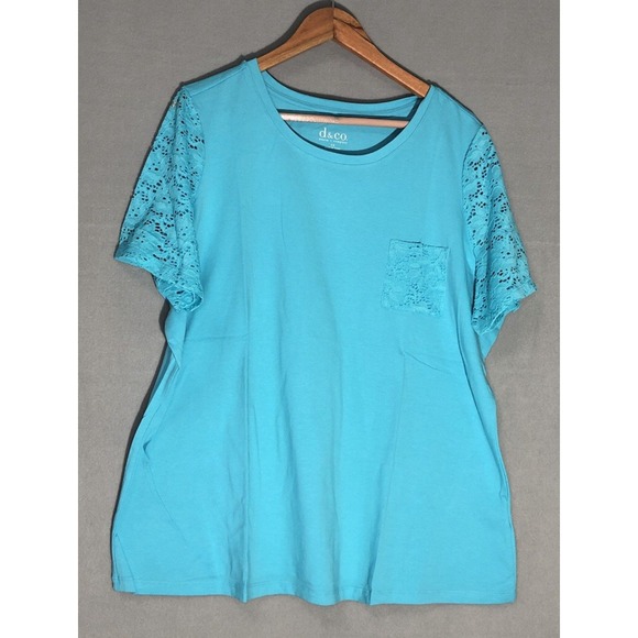 d&co Tops - D & CO Round Neck Top w/t Lace Short Sleeves & Pockets Clear Aqua Blue Sz 1X NEW